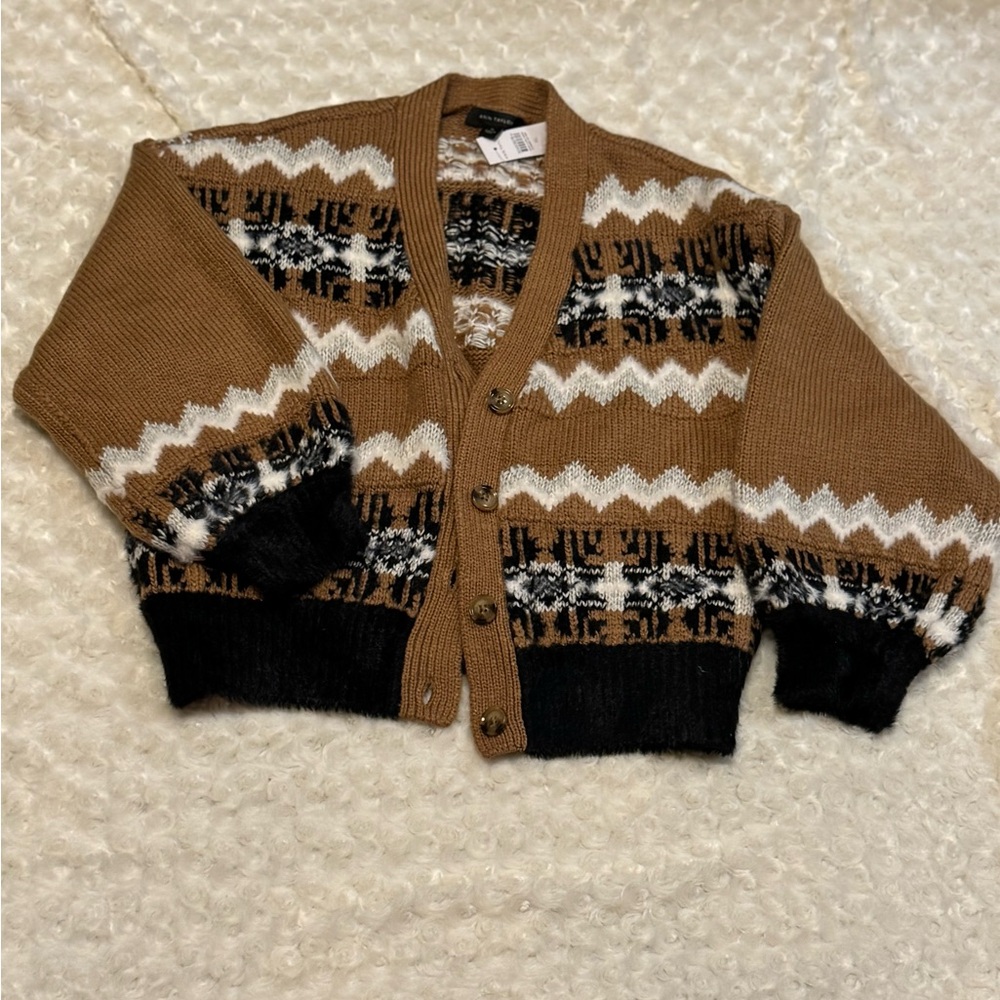 NWT Ann Taylor Camel & White knit with Black furry accents  Cardigan XL